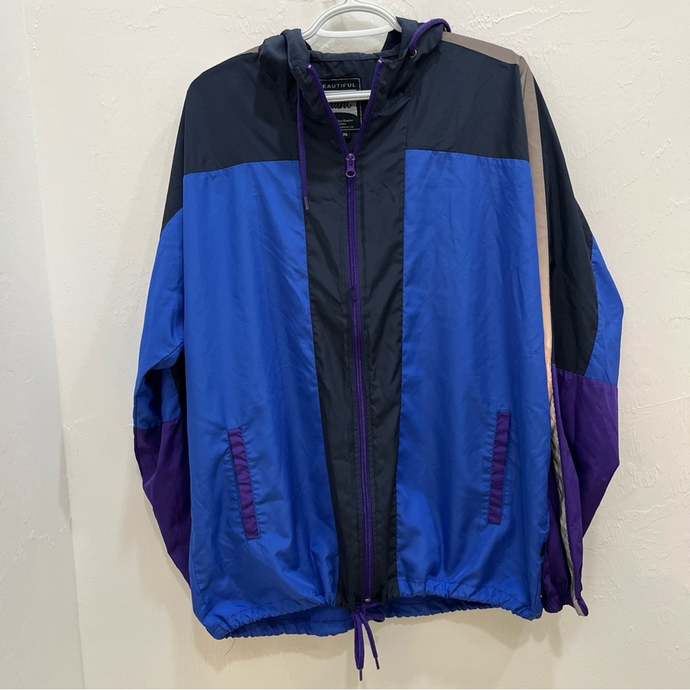 Giant Men’s Windbreaker‎ Jacket Size L Striped Phosphorescent Hoodie Blue Black